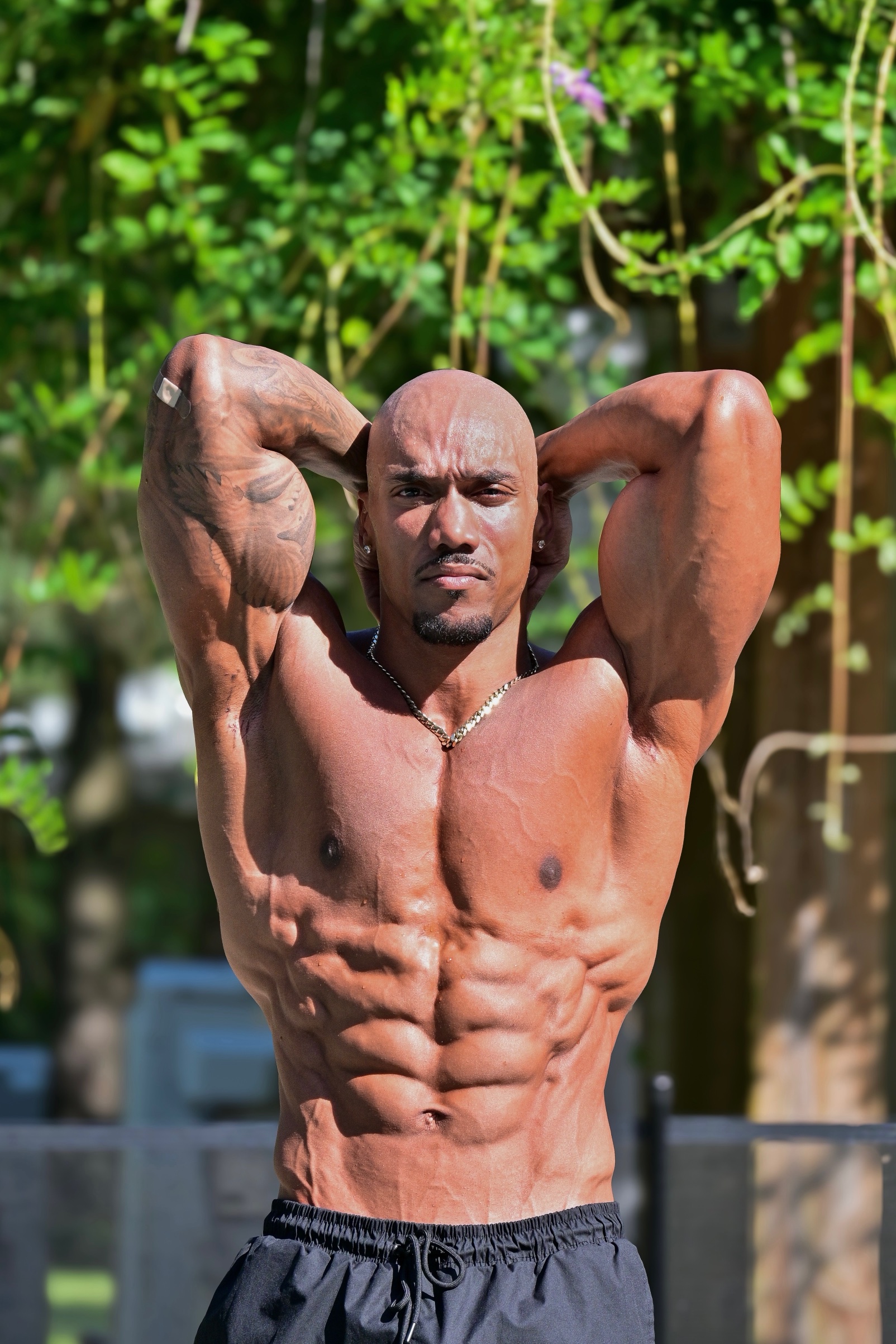 Joshua Mabin Peak Shredded Superhero Physique Hands Behind Head